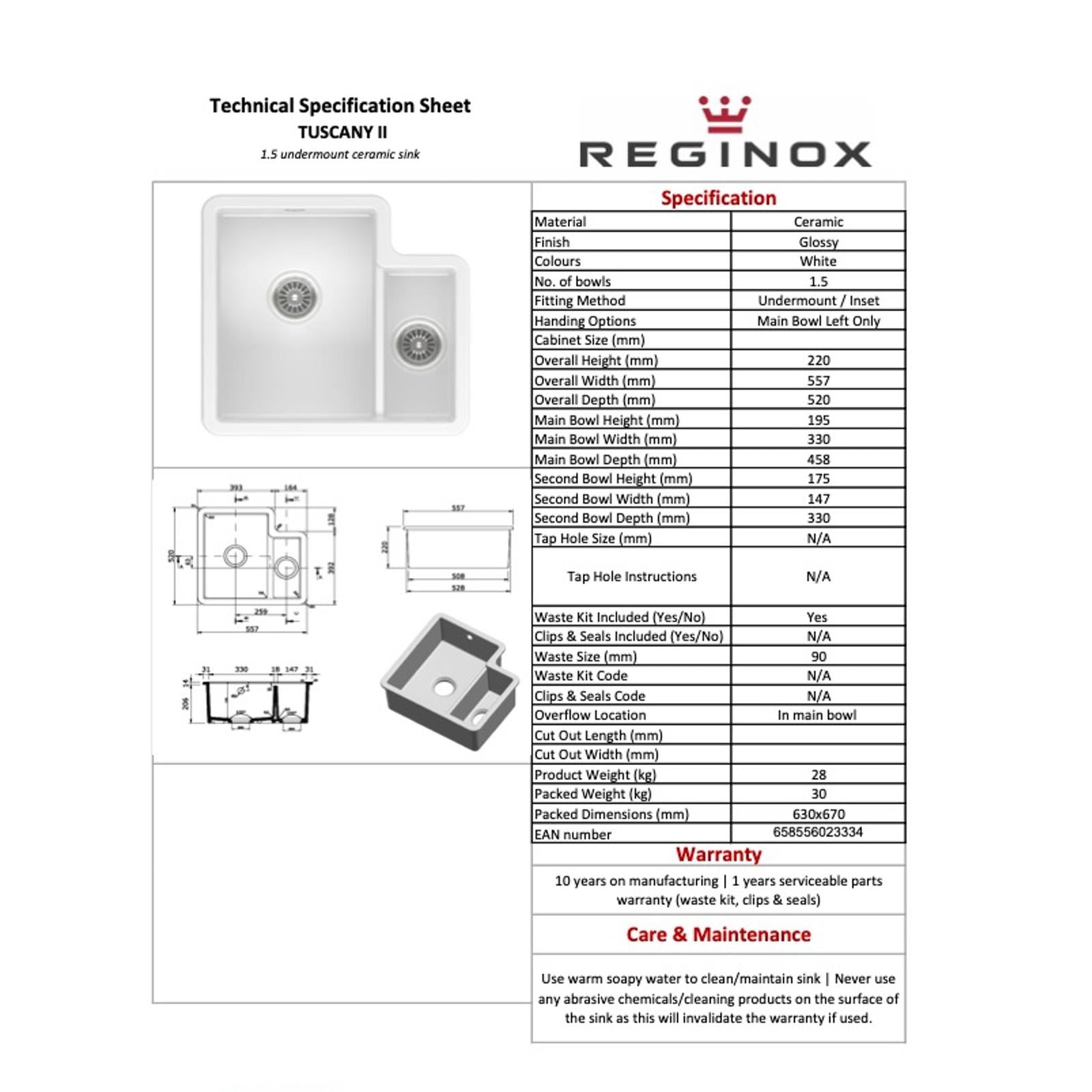 Reginox Tuscany II Undermount White Ceramic 1.5 Bowl Kitchen Sink With Wastes